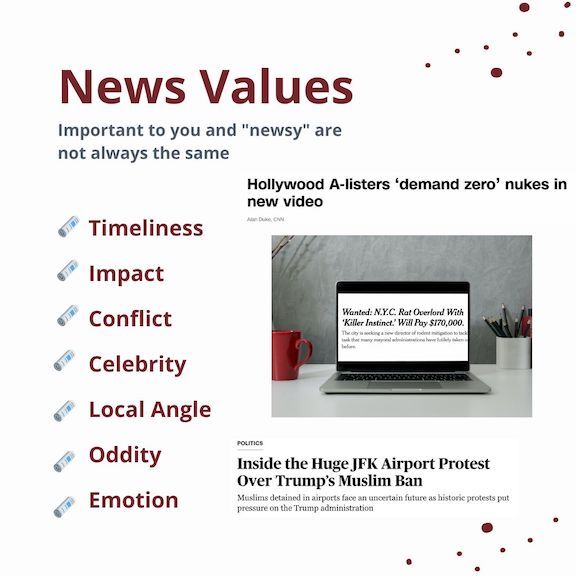 Graphic focused on "News Values." Text reads "Important to you and 'newsy' are not always the same. Timeliness, Impact, Conflict, Celebrity, Local Angle, Oddity, Emotion are highlighted as key news values. Screenshots of two news sites are included.