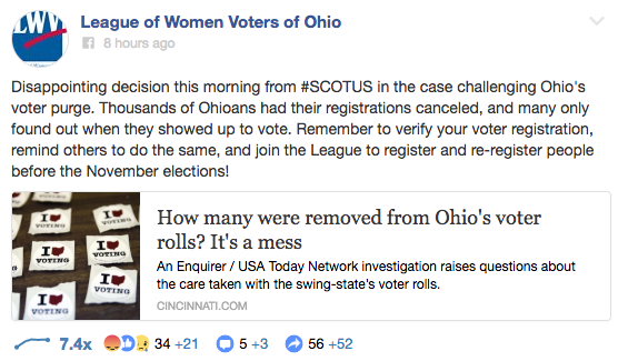 Screengrab from League of Women Voters of Ohio entreating members to register to vote after the Supreme Court ruled in favor of Ohio's voter purge.