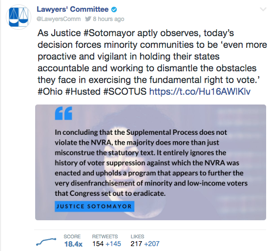 Screengrab from a tweet by Lawyers' Committee featuring a quote from Justice Sotomayor's dissent in the Husted vs. APRI case.