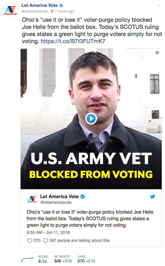 Screengrab from a Let America Vote tweet featuring a video of a US Army vet whose vote was purged in Ohio, castigating the Supreme Court's decision on Husted vs. APRI