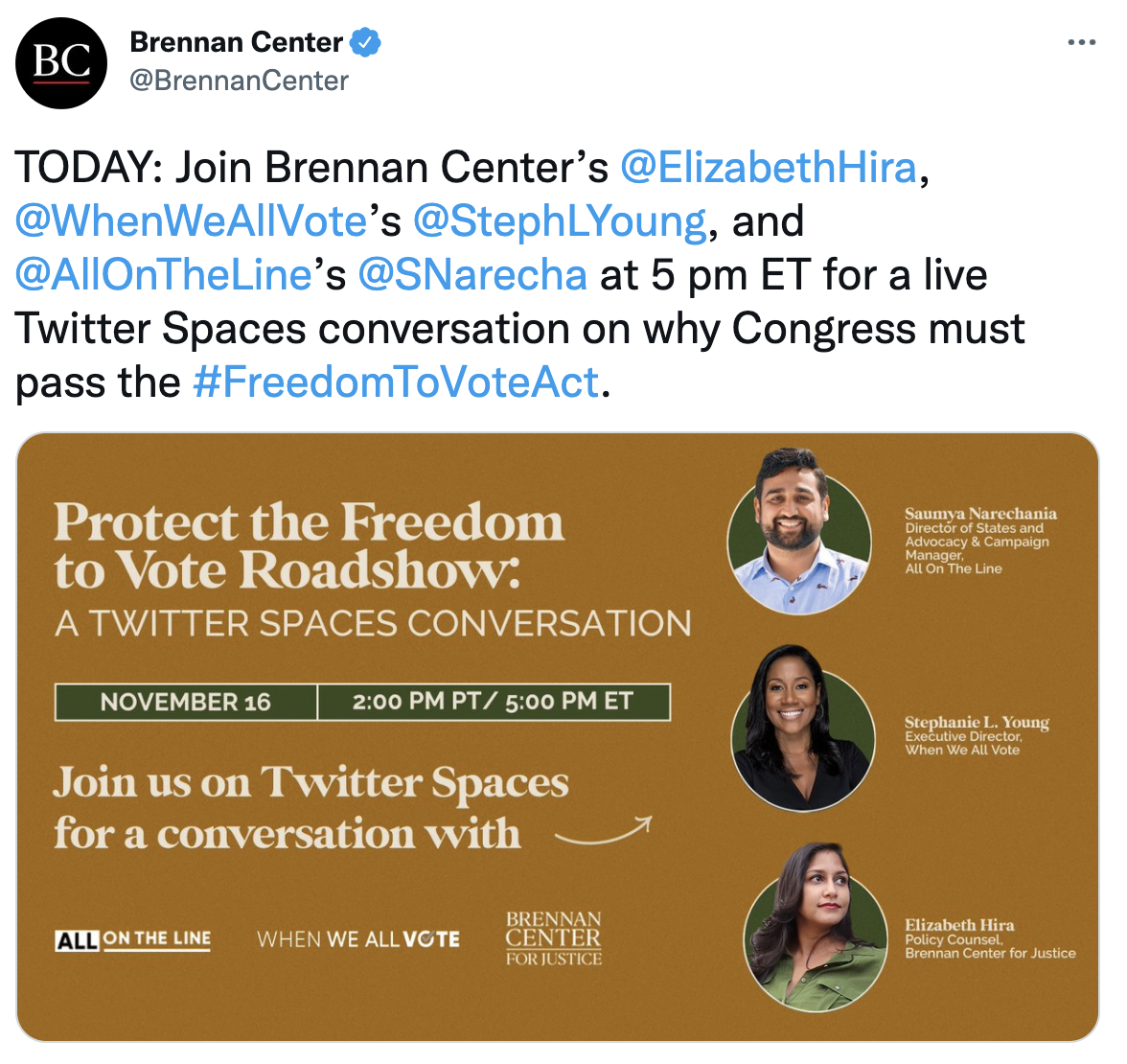 A promotional tweet by Brennan Center sharing information about their upcoming Twitter Spaces conversation.