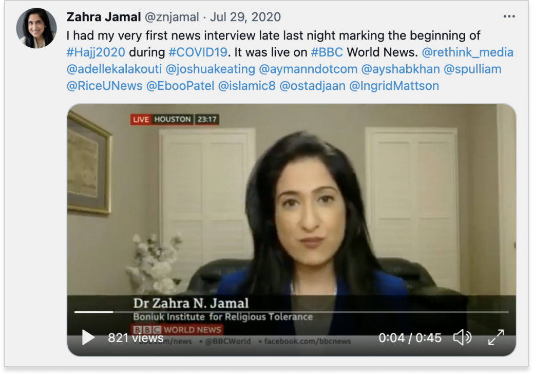 Zahral Jamal Tweet embed - first interview live on BBC World News
