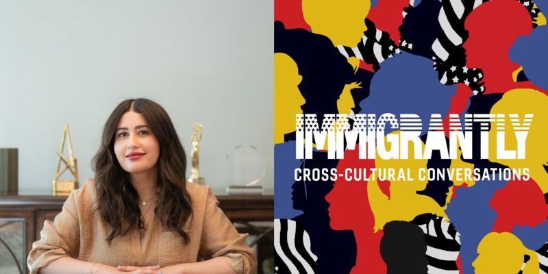 Photo of Immigrantly host Saadia Khan seated at a table next to an image of the Immigrantly logo.