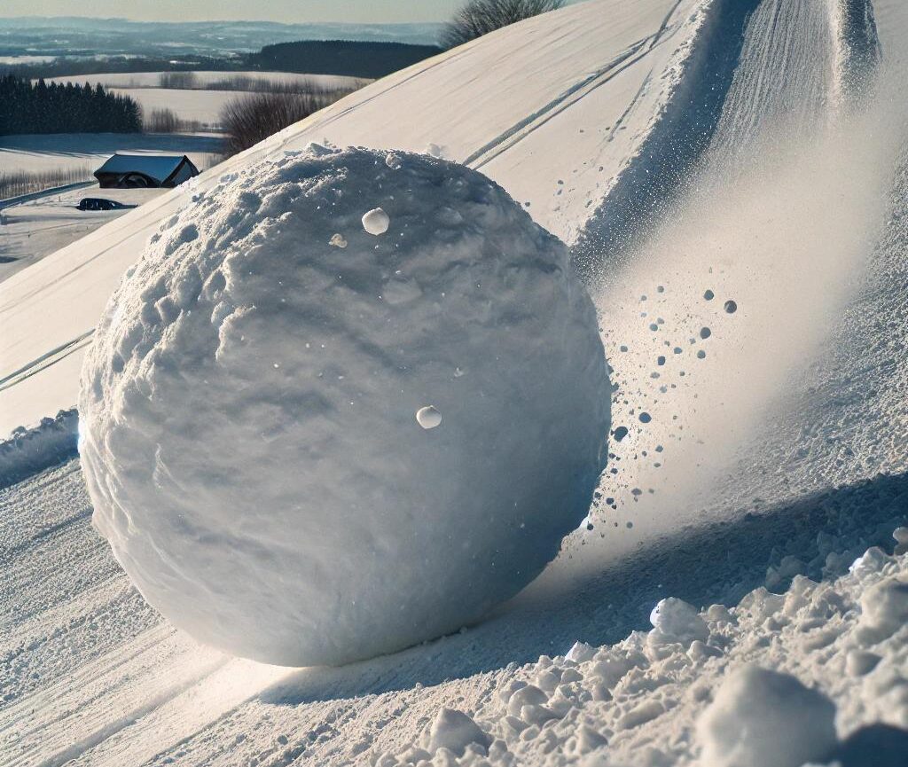 A large snowball rolling down a snow-covered hill