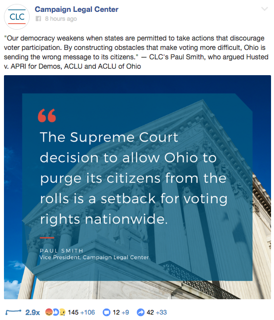 Screengrab from the Campaign Legal Center featuring a quote from Paul Smith declaring the recent Supreme Court decision is a setback for voters. 