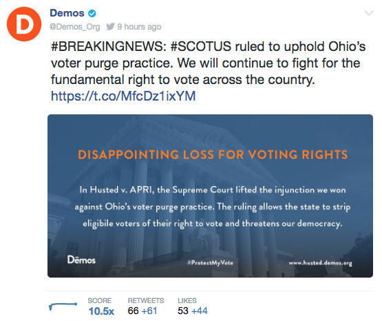 Screengrab from a tweet by Demos declaring the recent Supreme Court decision a disappointing los for voting rights.