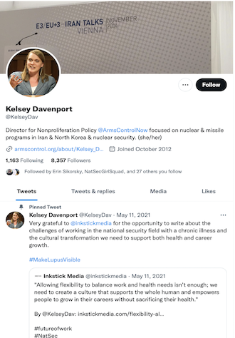 Screenshot of Kelsey Davenport's Twitter, @KelseyDav. Kelsey Davenport's profile and pinned tweet are an excellent example of marketing your work for future press opportunities.