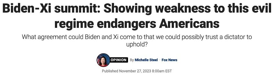 Image of the Fox News headline: "Biden-Xi summit: Showing to this evil regime endangers Americans"